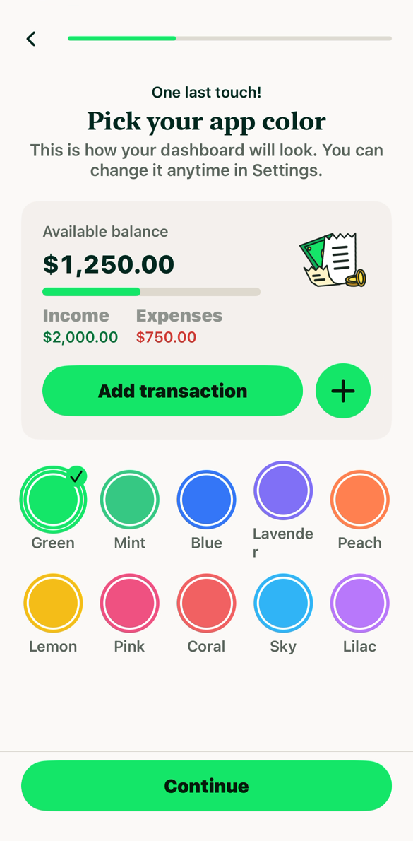 Spendy dashboard showing available balance, income and expenses, with app colour options