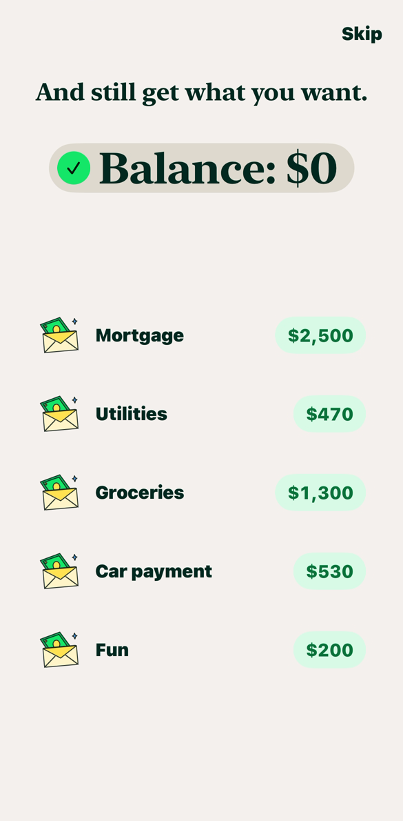 Spendy budget envelopes fully funded with a balance of zero
